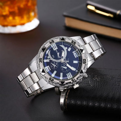 2-Piece Stainless Steel Strap Large Dial Men's Fashion Quartz Watch Bracelet Gift Chain Silver