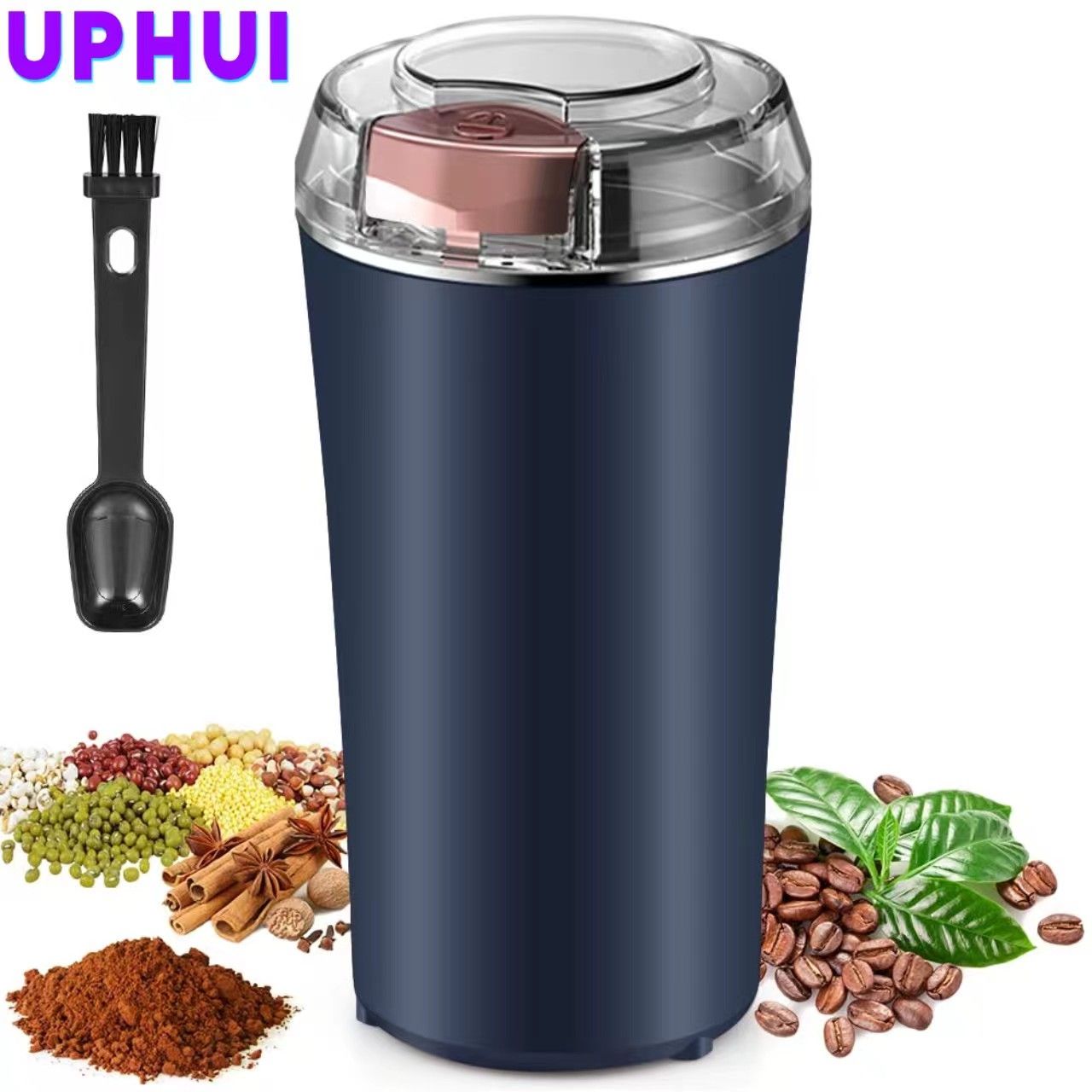 UPHUI Electric Coffee Grinder Spice Grinder Coffee Bean And Vanilla Grinder Equipped With A Brush Spoon And One Button Stainless Steel Grinding Suitable For Vanilla Peanut Grain And Bean Grinding
