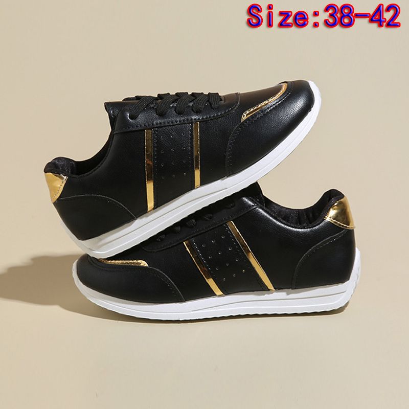 Size 38-42 women's PU artificial leather shoes students black shoes ladies running shoes girls board shoes athletic flat fashion casual sports shoes black golden