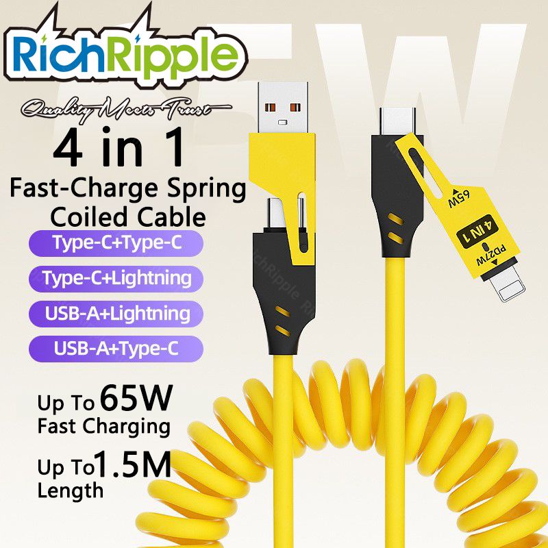 RichRipple 4 in 1 65W 1.5M Fast Charging Cable USB Data Cables Suitable For IPhone Xiaomi Tecno Huawei Samsung Charger Liquid Silicon Type-C Micro Lighting Charging Cable