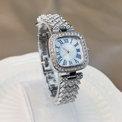 Ladies' quartz watch with starry sky and diamond inlay, ladies' small square watch with fashionable temperament, full diamond square bracelet, quartz women's watch