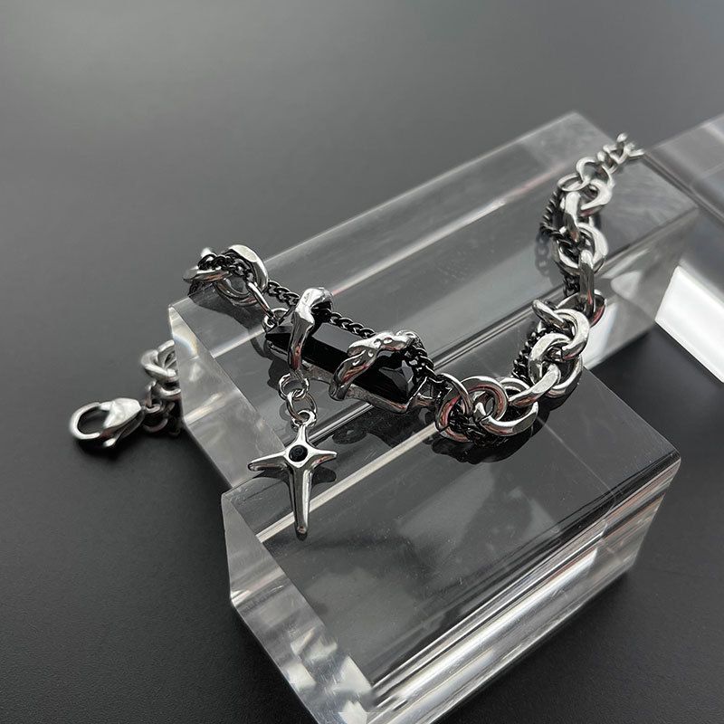 Star winding black diamond bracelet men's titanium steel design new versatile and non fading accessory bracelet