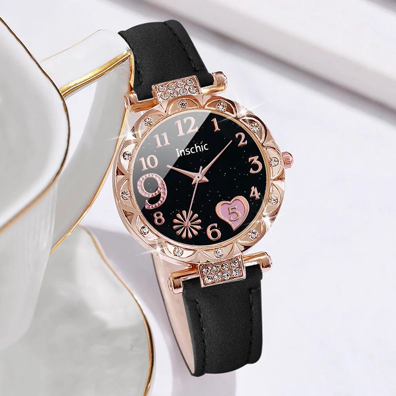 6PCS/Set Women Watches Fashion Heart Dial Leather Band Quartz Watch Leaf Bracelets Set