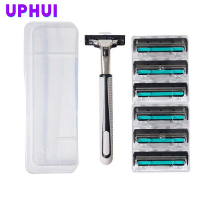 UPHUI 7-Pack Razor Blades Men's Shaver Men's Facial Hair Removal Sharp 2-Ply Razor Blade Tools Razor Holder Universal Hand Shaver Replacement Set