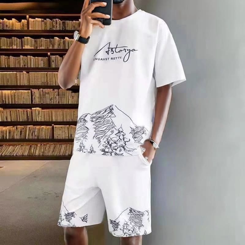 2 PCS 2 in 1 Men Clothes T-Shirts tshirts Shorts Polos Men Suits Fashion Summer Print Round Neck Short Sleeve Shorts T-Shirt Sets