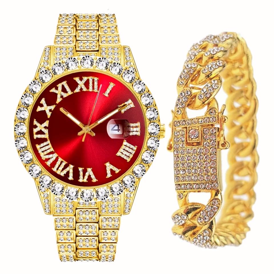 2 PCS/Set Full Iced Out Watch for Men Bling Miami Cuban Chain Bracelet Iced Out Watches Men Hip Hop Watch Luxury Gold Watch Men Women