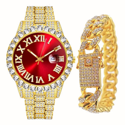 2 PCS/Set Full Iced Out Watch for Men Bling Miami Cuban Chain Bracelet Iced Out Watches Men Hip Hop Watch Luxury Gold Watch Men Women