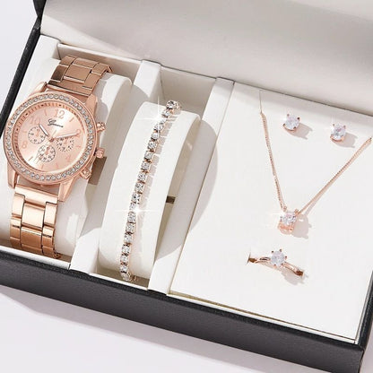 5pcs/set Women's Casual Quartz Watch Jewelry Women's Diamond Watch Ring Necklace Earrings Bracelet Set Wristwatch Female Casual Ladies Quartz Watches