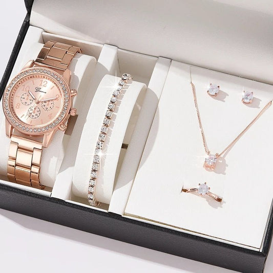 5pcs/set Women's Casual Quartz Watch Jewelry Women's Diamond Watch Ring Necklace Earrings Bracelet Set Wristwatch Female Casual Ladies Quartz Watches
