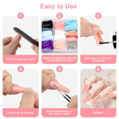 312pcs Long Press on Nails, 10 Sizes Full Cover Coffin Fake Nails with Rhinestones