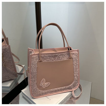 Tote Bags shoulder bag Butterfly decorative Mariposa Tote PU leather with Fluffy bag