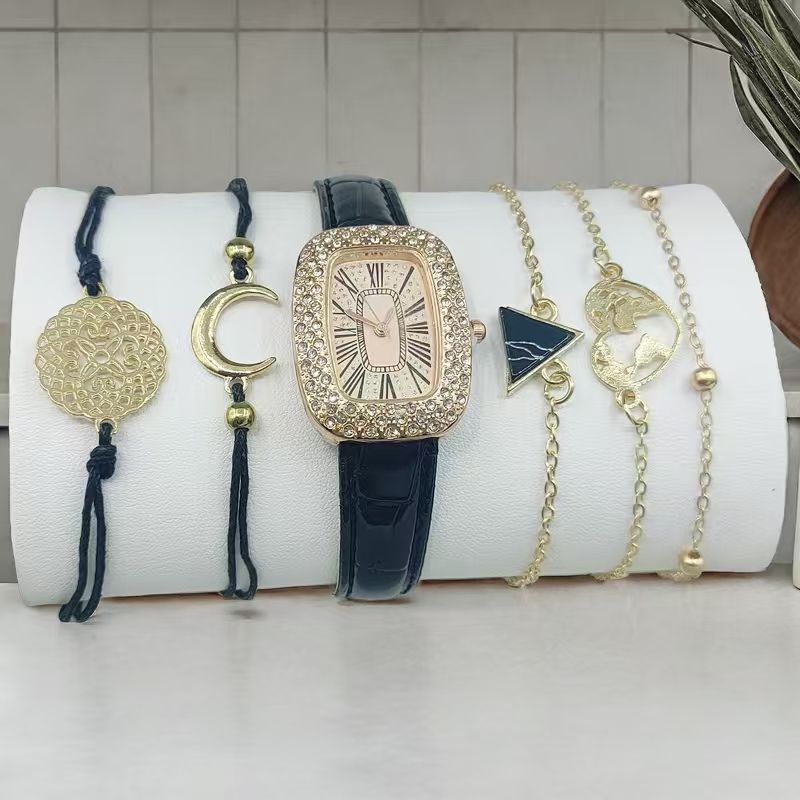 UPHUI 6PCS Women Watch Set Full Diamond Leather Strap Square Watch Women's Watches Luxury Timetable Quartz Fashion Watch Female Wrist Wstch Clock