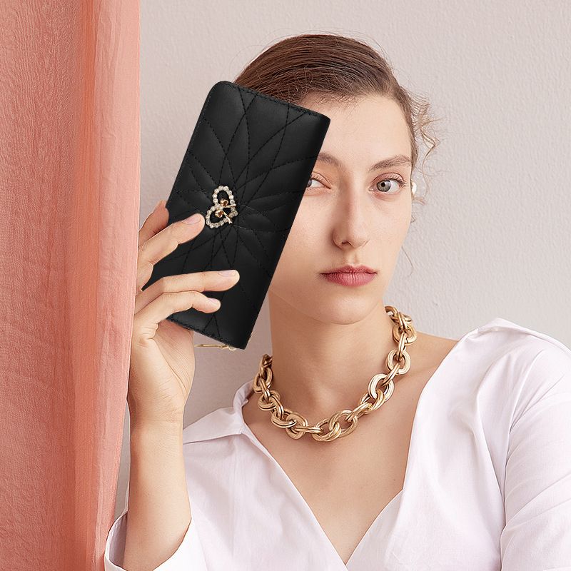 Classic Ladies Clutch Bag Mobile Phone Bag PU Black Long Wallet Card Holder