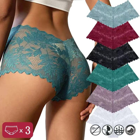 3Pcs/Set Women Lace Boyshorts Underpants Low Rise Panties Ladies Fashion Floral Lace Underwear Girls Panty Intimates