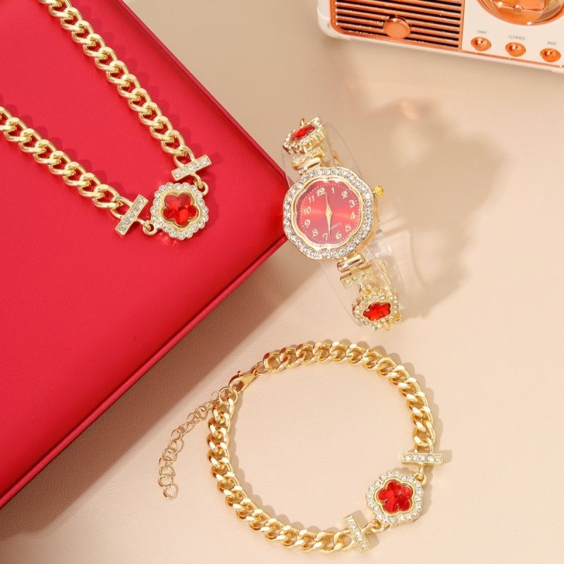 3 Pcs Set Women's Watch Inlaid Love Diamond Small dial Luxury Brand Temperament Bracelet Watch With Necklace Bracelet + Box