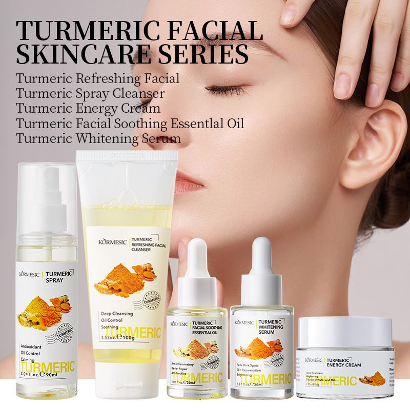 KORMESIC Turmeric 5-Piece Oil-Control & Brightening Skincare System - Antioxidant Cleanser, Balancing Cream Dark Spot Serum + Soothing Oil & Mask Anti-Inflammatory, Fades Acne Marks & Repairs Barri