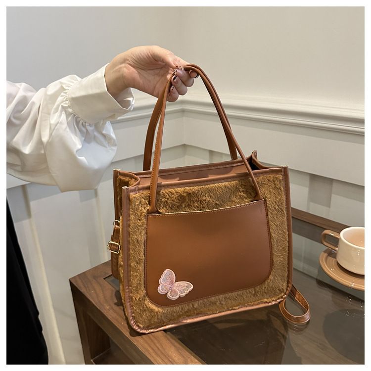 Tote Bags shoulder bag Butterfly decorative Mariposa Tote PU leather with Fluffy bag