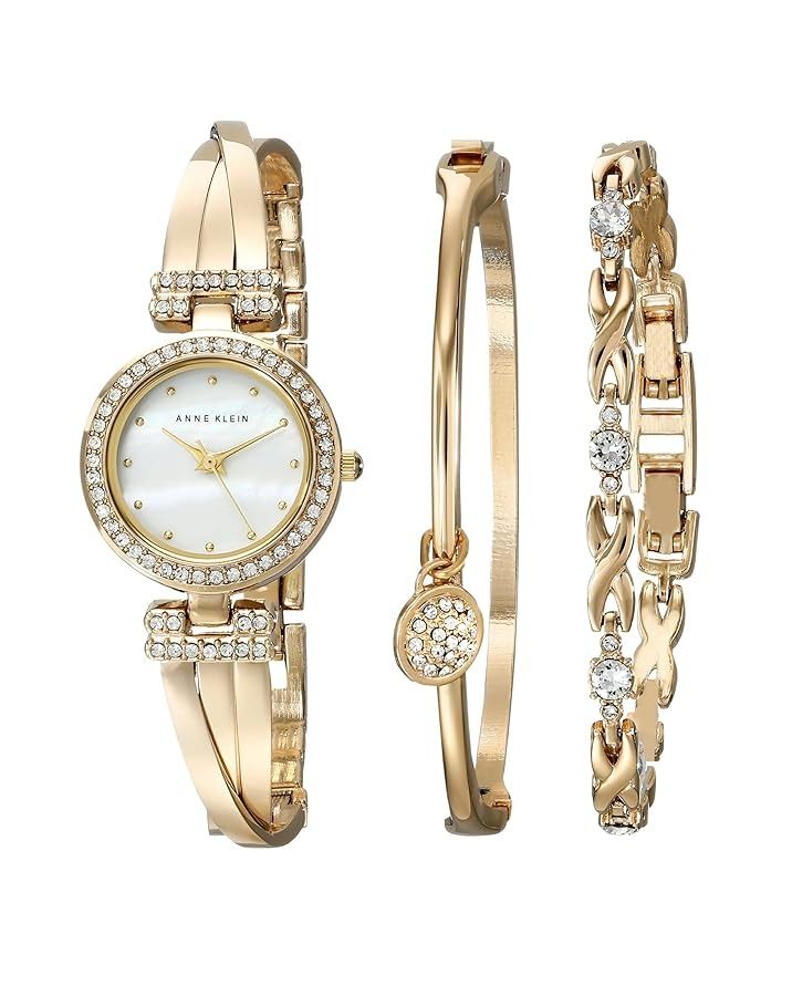 Anne Klein Watch Set – Elegant Quartz Watch & Bracelet Bundle with Crystal Accents, Mother-of-Pearl Dial, Jewelry Clasps & Splash-Resistant Design for Timeless Style