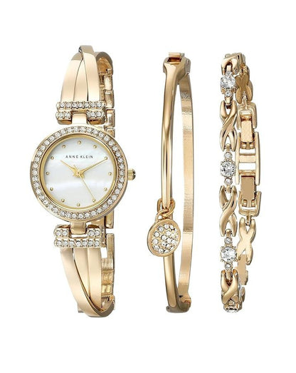 Anne Klein Watch Set – Elegant Quartz Watch & Bracelet Bundle with Crystal Accents, Mother-of-Pearl Dial, Jewelry Clasps & Splash-Resistant Design for Timeless Style