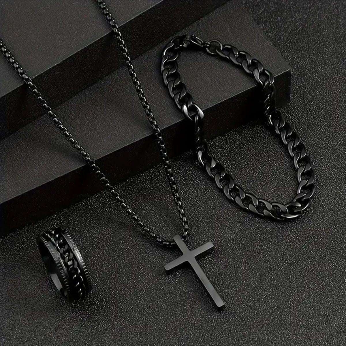4PCS Men's Watch Set Black Men's Calendar Watch Titanium Steel Rings Bracelet Necklace Black Cross Necklace Set Not Easy to Fade Daily Wear Business Leisure