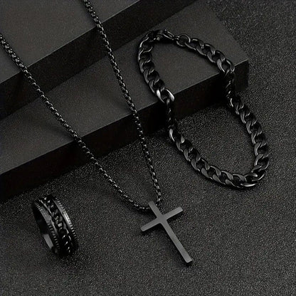 4PCS Men's Watch Set Black Men's Calendar Watch Titanium Steel Rings Bracelet Necklace Black Cross Necklace Set Not Easy to Fade Daily Wear Business Leisure