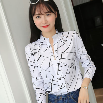 Blouses Smooth Cut Plus-Size Women's White Chiffon Shirt Fashion Commuter Striped Print Casual Long-Sleeved Top