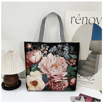 Gelory Fashion Painted Western Retro Style Large Capacity Tote Bag Zipper Closure Canvas Women's Shoulder Handbags