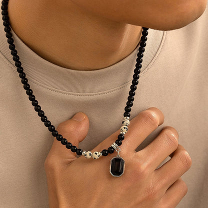 Black Beads with Square Pendant Necklace for Men Trendy Accessories on the Neck Collar 2024 Fashion Jewelry Male Gift Decoration