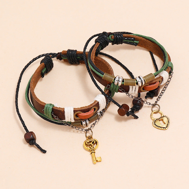 New 2PCS/Set Lovers Key Bracelet Lock Key Couples Bracelets His & Hers Leather Bangles Men Jewellery Valentine's Day Gift