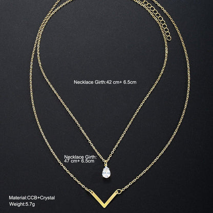 New V-Shaped Water Drop Zircon Necklace 2-Piece Set Creative Simple Geometric Niche Necklace Set Women