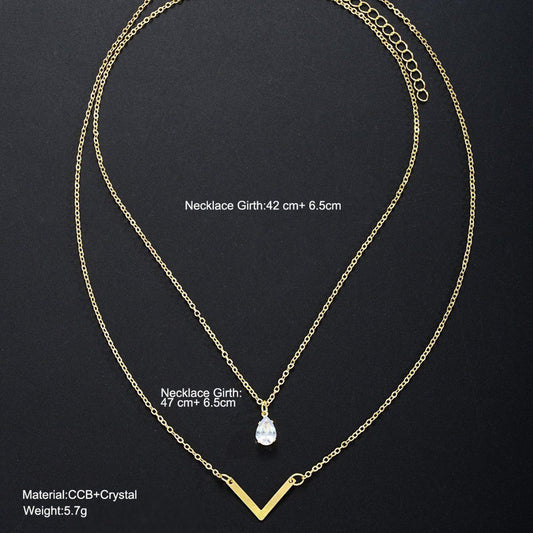 New V-Shaped Water Drop Zircon Necklace 2-Piece Set Creative Simple Geometric Niche Necklace Set Women