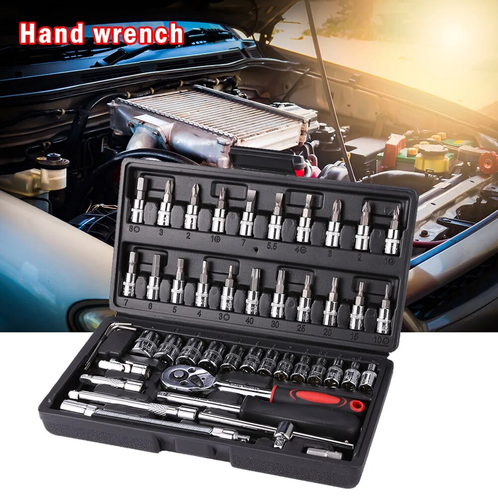 46pcs Socket Wrench Set Ratchet Spanner Batch Head Pawl Socket Screwdriver Multi-functional Car Repair Tool Professional Mechanical Workshop Tools Kit Motorcycle