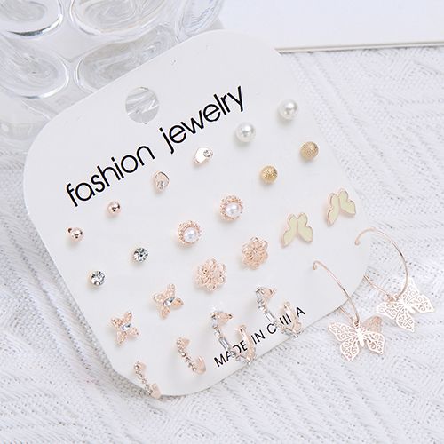 12-Pair Fashion Premium Sense Classic Stud Earrings Set Set Woman Butterfly Peach Heart Set Diamond Earrings Wholesale New Arrival Gift Christmas Black Friday Valentine's Day