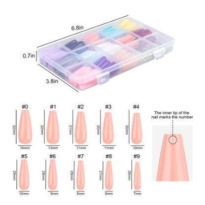 312pcs Long Press on Nails, 10 Sizes Full Cover Coffin Fake Nails with Rhinestones