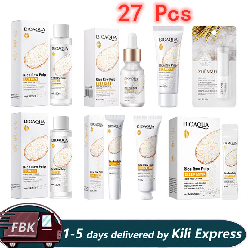 SADOER 27Pcs Rice Raw Pulp Skin Care Sets & Kits Facial Cleanser + Moisturizing lotion + Face Essence +Face Toner +Eye Cream + Masks +Lipstick + Hand Cream