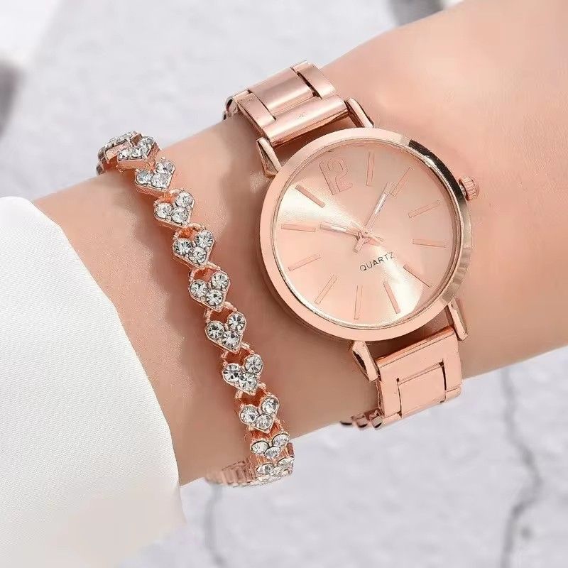2pcs Luxury Women Rhinestone Rose Gold Watch Fashion Ladies Quartz Diamond Wristwatch Elegant Female Bracelet Watches Set Gift