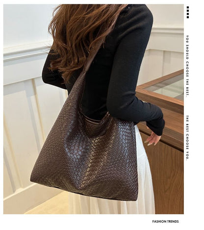 Retro-Chic PU Woven Tote Bag - Spacious Casual Shoulder Bag with Minimalist Design Trendy Pattern for Stylish Commuting Underarm Carry