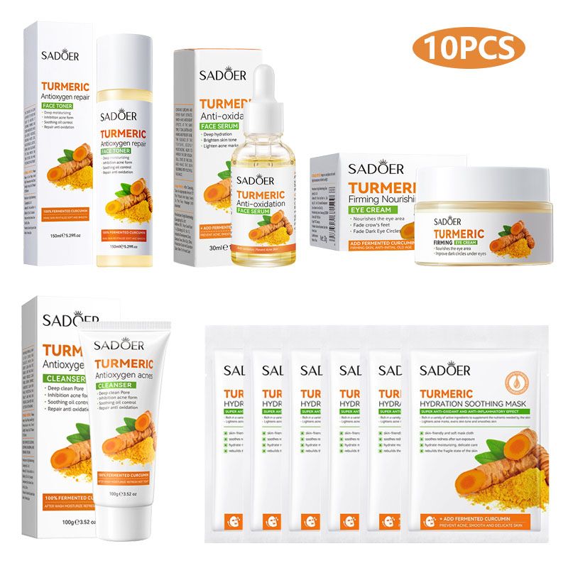 SADOER 10PCS Skin Care Set Turmeric Antioxygen Acne Hydrating Repair Set Face Toner + Face Serum + SADOER Face Cleanser + Eye Cream + 6PCS SADOER Face Mask