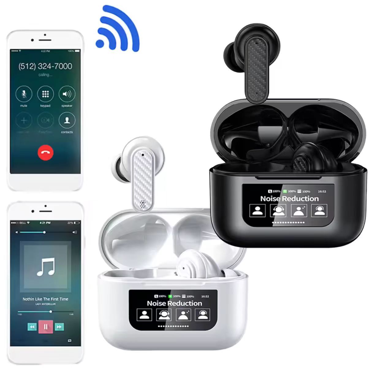 New LED Screen Bluetooth Earphones YW08 Touch Screen Earpods Color Display ANC Wireless Earphone TWS Earbuds Noise Cancelling Earphones For Android iOS Phones