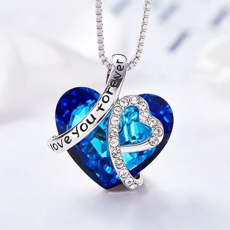 New Arrivals I Love You Forever Necklace, Everlasting Heart Birthstone Necklace, Heart Pendant Necklace For Women Exquisite Jewelry Blue Crystal Forever Love Charm Necklace Valentine's Day Gift