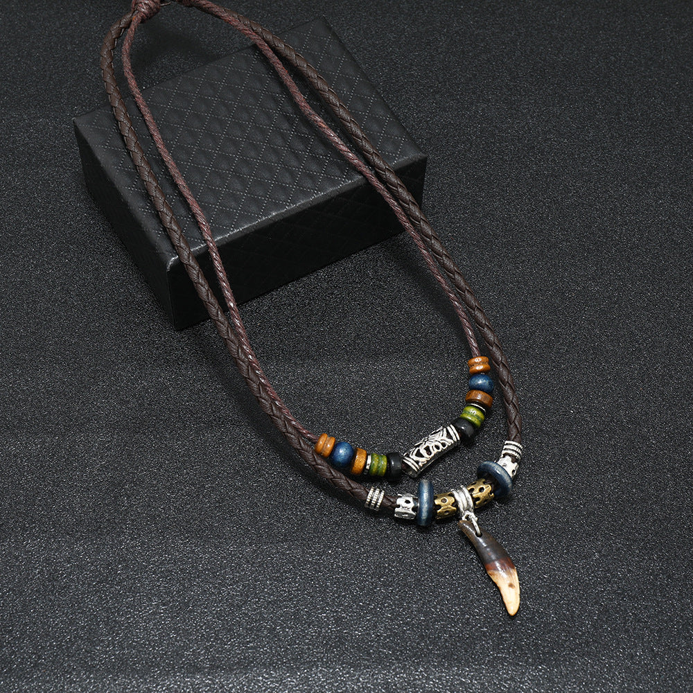 Men Bohemian Wolf Tooth Pendant Necklace Woven Vintage Handmade Cross Beads Stylish Tribal Design Tooth Rope Necklace Jewelry