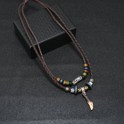 Men Bohemian Wolf Tooth Pendant Necklace Woven Vintage Handmade Cross Beads Stylish Tribal Design Tooth Rope Necklace Jewelry