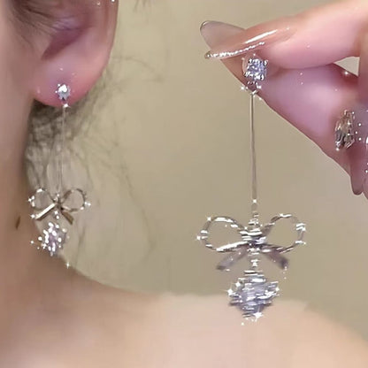 Long bow earrings advanced sense light luxury temperament simple zircon earrings studs fashion personality earrings female summer