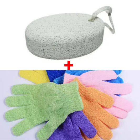 Pair Bath Gloves + Pumice Stone - for Exfoliating Body Scrub Feet Scrub & Dead Dry Skin Callus Remover Hands Scrubber