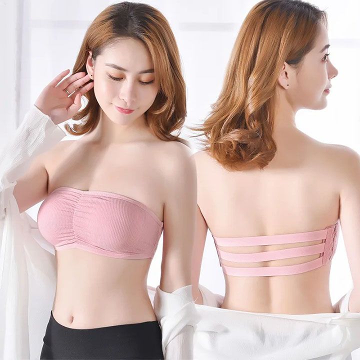 Women Strapless Ruched Push Up Bra Padded Hollow Out Backless Wireless Underwear Bandeau Thread Ribbed Adjustabable Bralette Lingerie