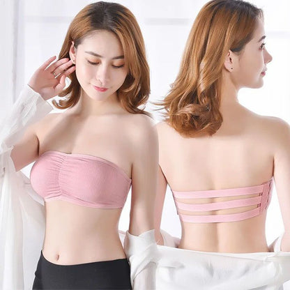 Women Strapless Ruched Push Up Bra Padded Hollow Out Backless Wireless Underwear Bandeau Thread Ribbed Adjustabable Bralette Lingerie