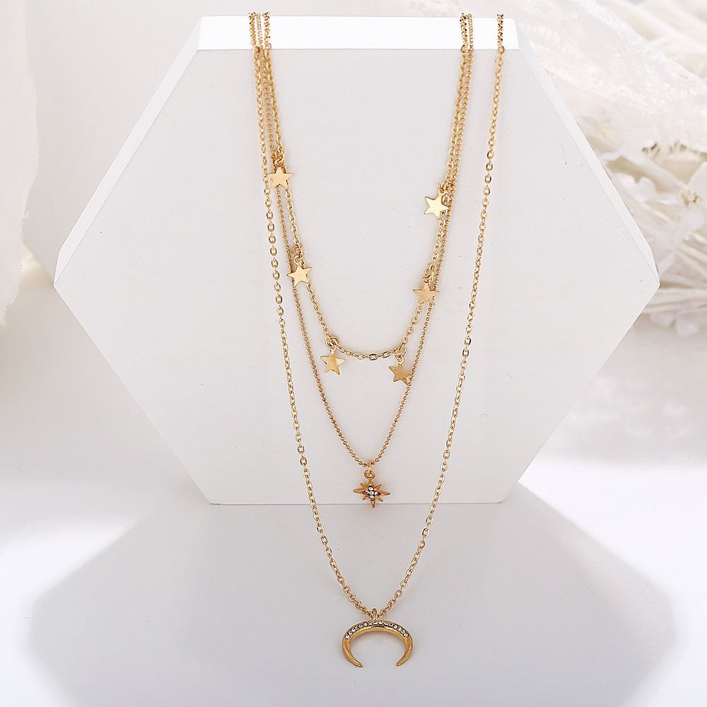 Pentagram Pendant Clavicle Necklace Creative Retro Simple Eight-pointed Star Crescent Three-layer Necklace