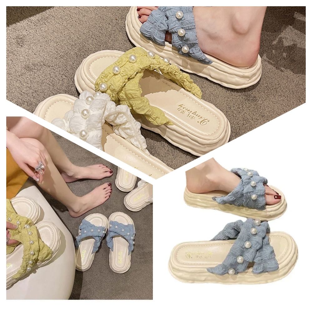 Open Shoes New Fairy Style Platform Dissolved Shoes Seaside Beach Slippers Ins Pearl Sandals Women's Outer Wear Indoor Slippers Blue
