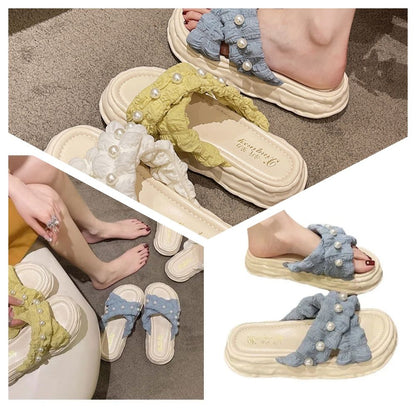 Open Shoes New Fairy Style Platform Dissolved Shoes Seaside Beach Slippers Ins Pearl Sandals Women's Outer Wear Indoor Slippers Blue