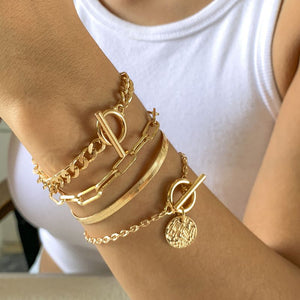 4-piece metal punk style bracelet set, flat snake bone chain bracelet, hip-hop trendy metal bracelet